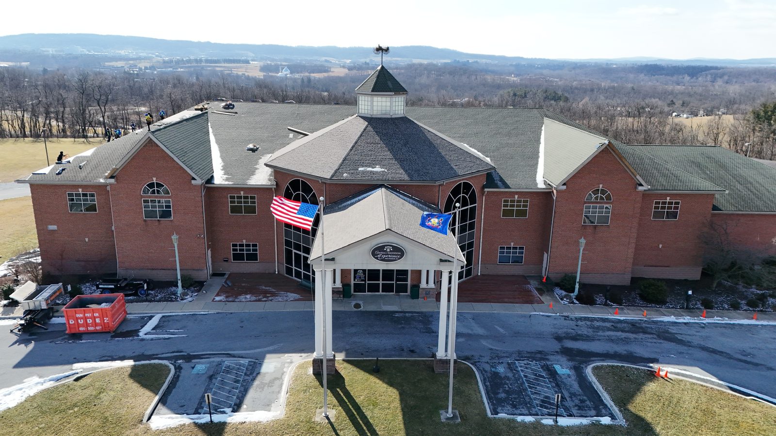 AACA Museum roof replacement, Hershey, PA — Front aerial view of the completed roof