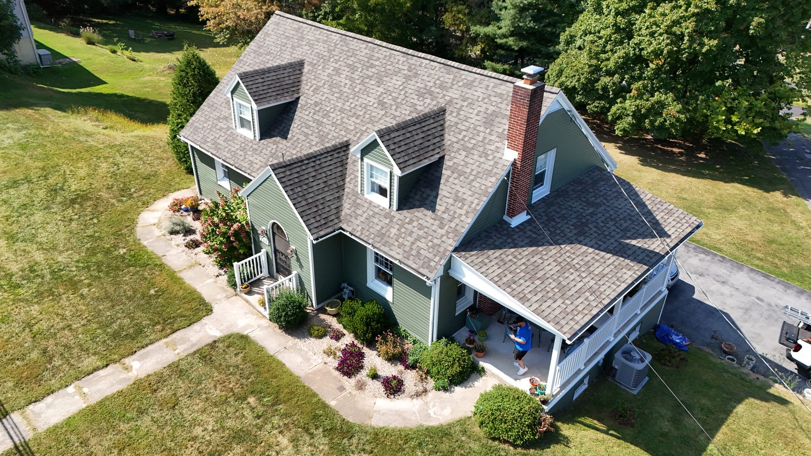 Drone view of a completed roof on a home in Mohnton, PA after a spring roof inspection