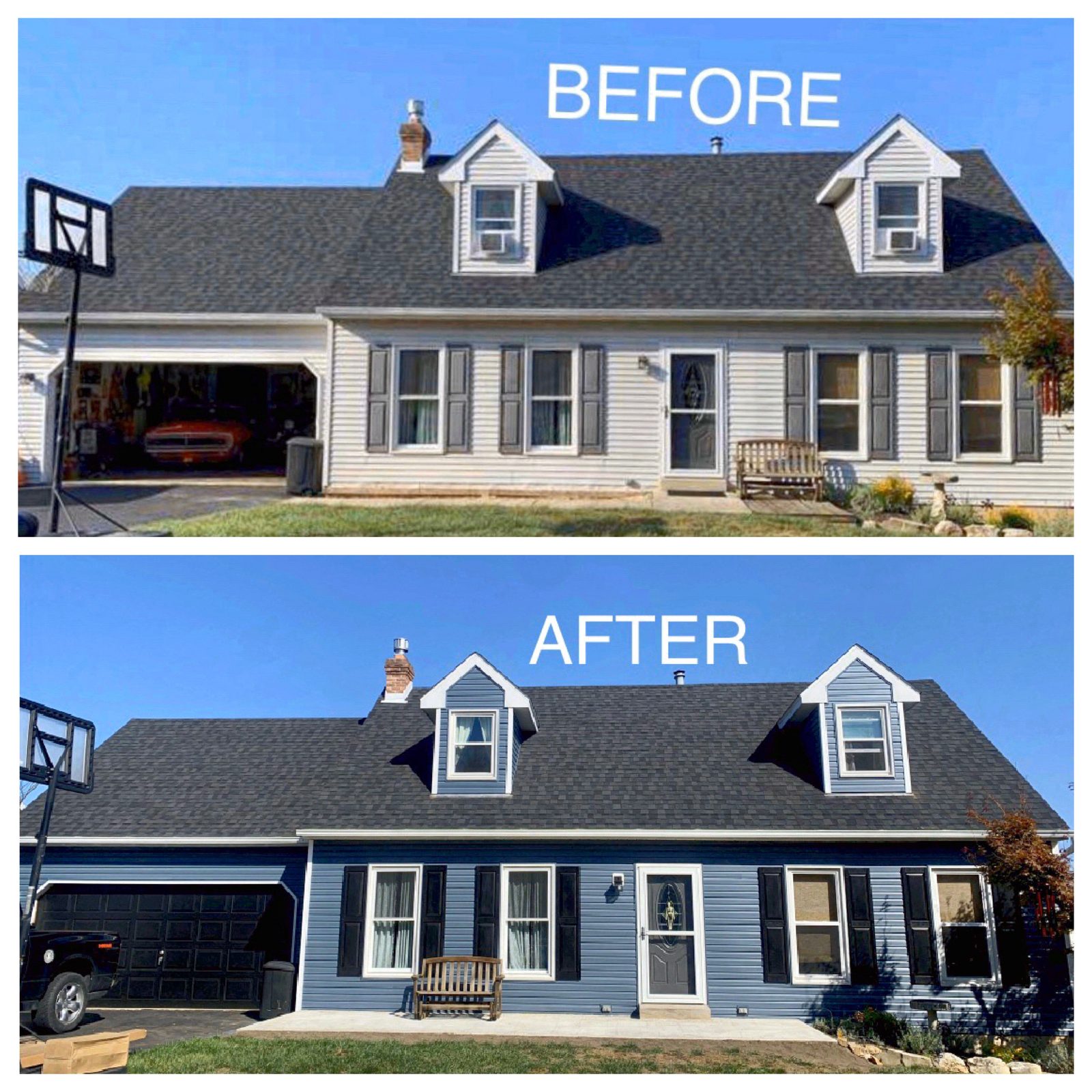 Before and after roof replacement on a Cape Cod style home in Sinking Spring, PA