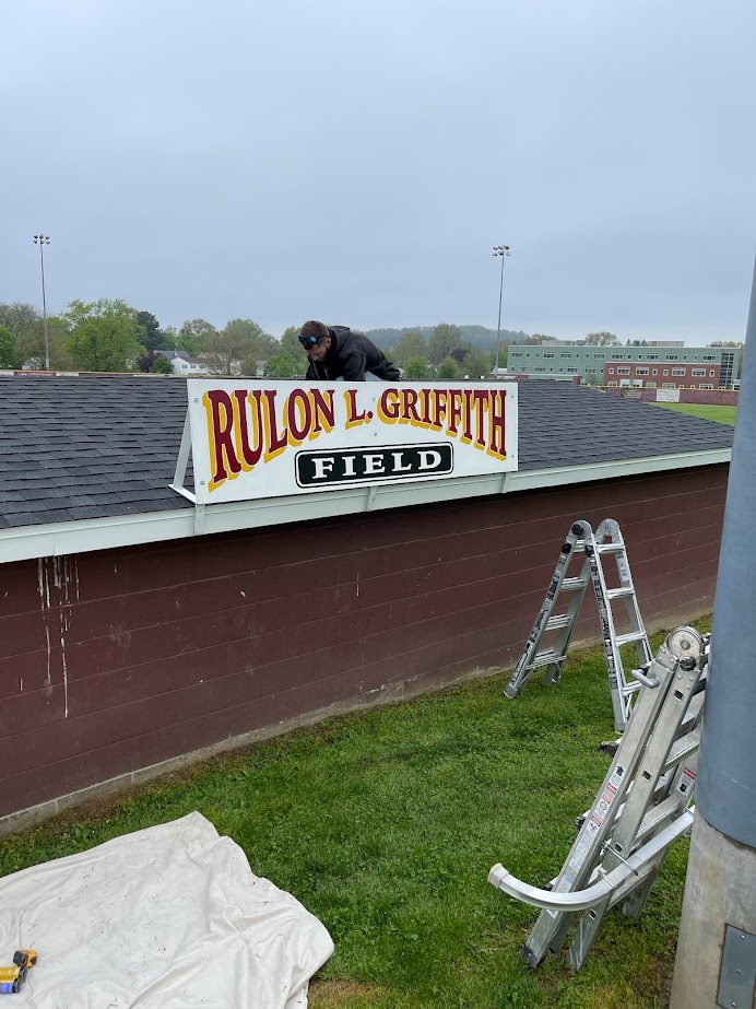 Roofing work on a baseball field press box in New Holland, Pennsylvania