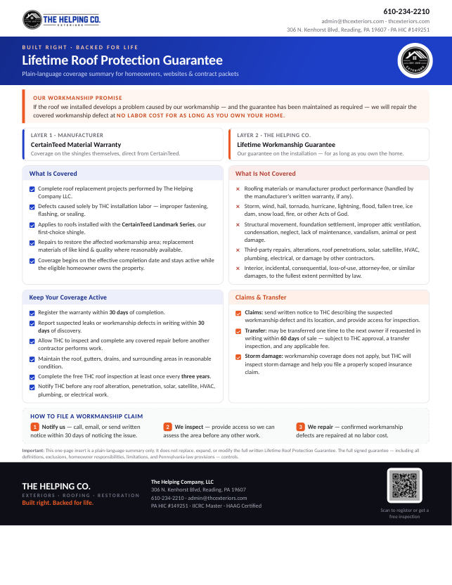 Cover of The Helping Co. Lifetime Roof Protection Guarantee summary