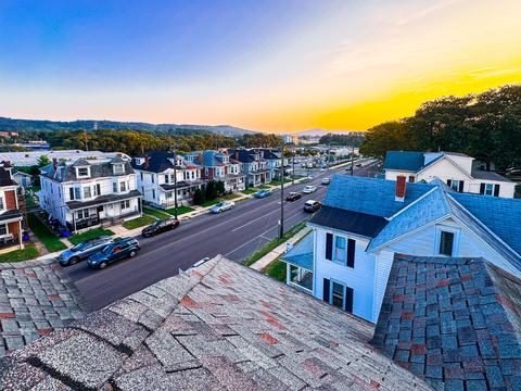 Drone neighborhood sunset roof — Mohnton, PA