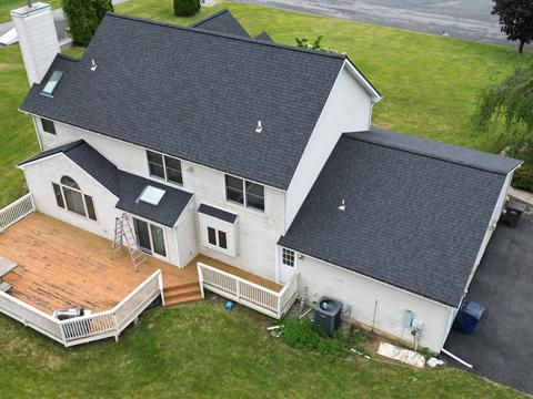 Drone two story home gray roof aerial — Kutztown, PA