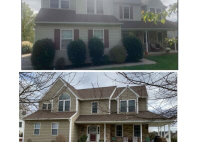 Two photos of a two-story suburban house with a front porch, taken in different lighting and landscaping conditions. The house has tan siding, brown shutters, and a gable roof.