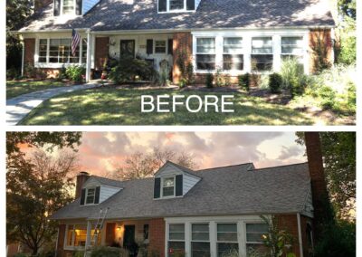 A side-by-side comparison of a house before and after renovations, showing changes to the exterior paint and roofing.