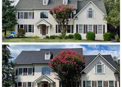 Two side-by-side photos show the front of the same two-story house before and after exterior renovations; changes include a new front porch and updated landscaping.
