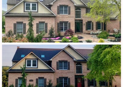 Two photos of the same two-story brick house with dormer windows, showing landscaping changes in the front yard between the two images.