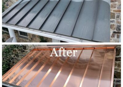 Side-by-side comparison of a metal roof before and after restoration; the top panel is dull and weathered, while the bottom panel is bright and shiny copper.