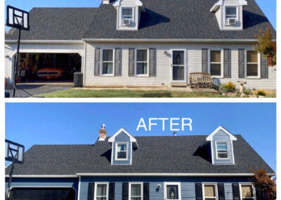 Side-by-side comparison of a house before and after renovation, showing changes in siding color, garage door, and front door style.