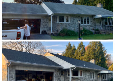 Two photos of the same stone house: the upper image shows a person unloading a truck, while the lower image shows a renovated house with a new roof and white trim.