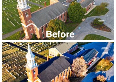 Aerial view of a church and cemetery, shown before (top) and after (bottom) roof replacement. The church roof appears darker and newer in the after image.