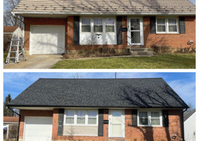 Two side-by-side photos of a brick house show the roof before and after replacement; the top image shows an old light roof while the bottom image shows a new dark roof with a lawn sign.