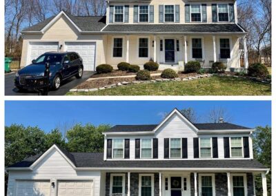Two photos show the front of the same house before and after renovations. The upper image shows yellow siding; the lower image shows new stone and gray siding.