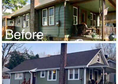 Side-by-side comparison of a house before and after renovation, showing updated siding, new windows, and a refreshed porch.