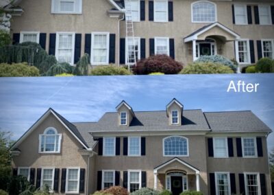 Two images show a house before and after roofing updates; the new shingles are Certainteed Landmark HD in charcoal color.