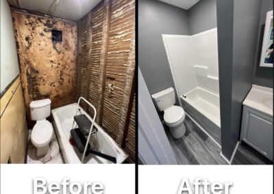 Side-by-side images show a bathroom before renovation with exposed walls and after renovation with new fixtures and clean finishes.