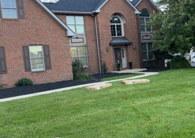 A brick house with a manicured lawn; several cardboard boxes, including one labeled 3 ELBOWS, are scattered on the grass.