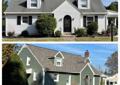Side-by-side photos of a house showing a before and after; the house changes from white siding with a gray roof to green siding with a darker roof.