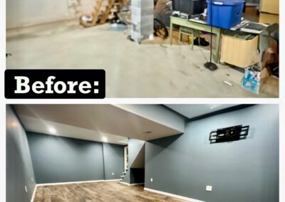 Side-by-side before and after photos of a basement renovation; the first image shows an unfinished space, the second shows a finished room with flooring and painted walls.