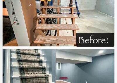 Before: Unfinished basement with open wooden stairs and exposed beams. After: Finished basement with painted walls, new stairs with runner, and wood flooring.