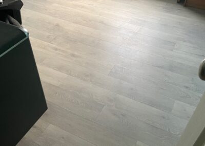 A room with light gray wood flooring, green walls, a green armchair, a baseboard heater, and partially visible furniture.