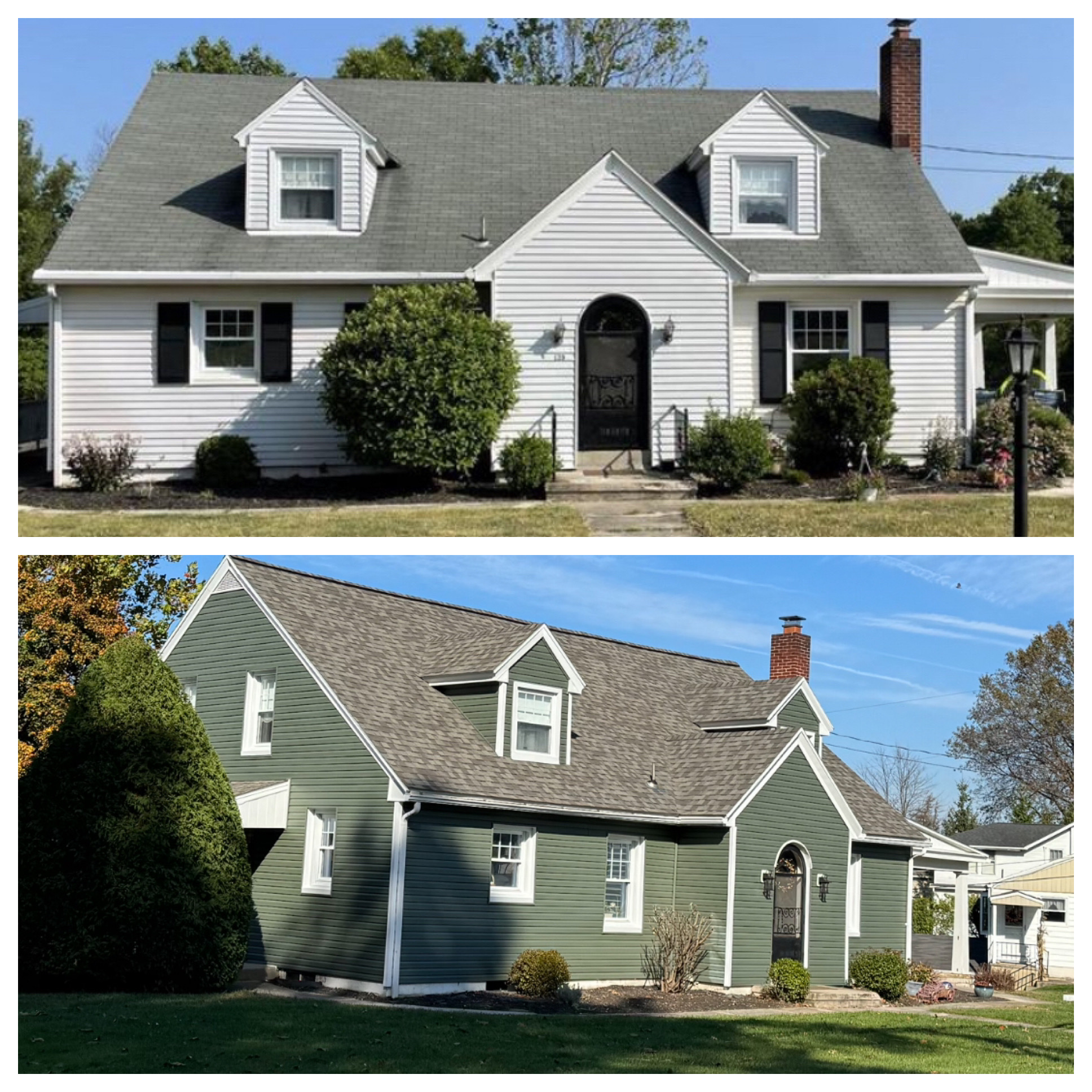 Before & after shot of home with new green siding
