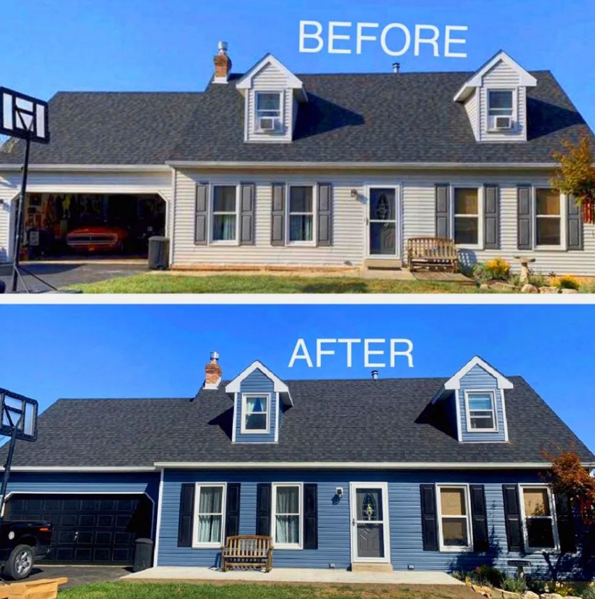 Before & After shot of home with new pacific blue siding