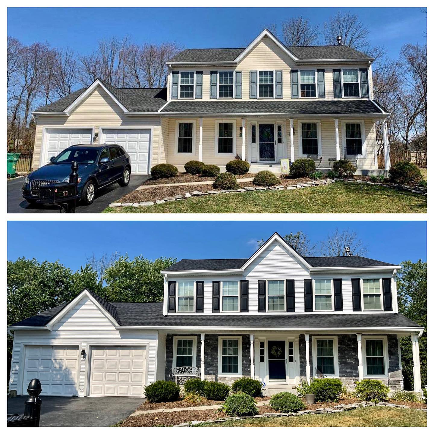 Before and after shot of home with new white siding
