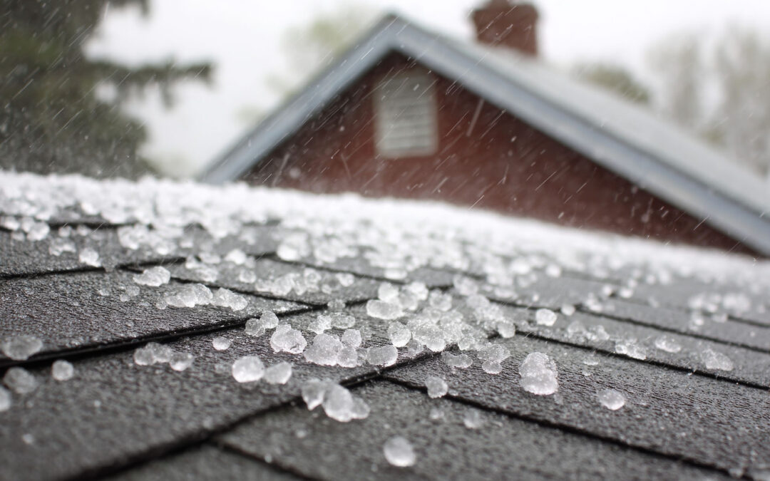Ice pellets from a hailstorm accumulate on a dark shingled roof, with a blurred house and trees visible in the background.